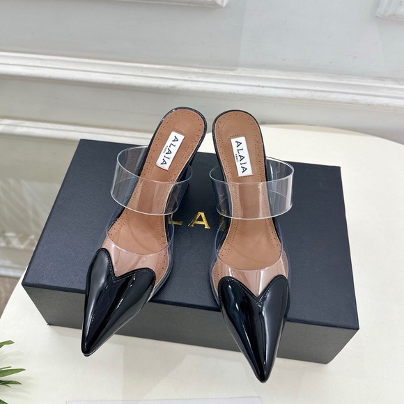 Alaia Shoes - ALAIA Women's Transparent Strap High-Heel Mules with Heart Detail